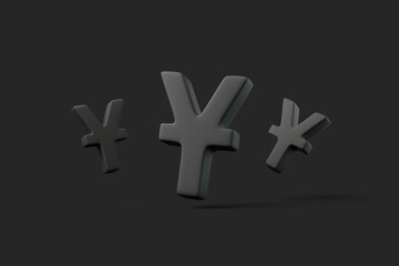 Multiple black Yen currency symbols floating against a dark background, symbolizing Japanese finance, economy, and global trade. 3D render illustration