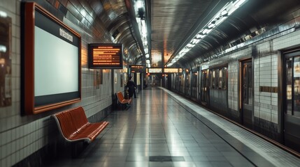 Fototapeta premium Empty subway station at night with illuminated signs and benches, showcasing urban travel and public transport infrastructure.