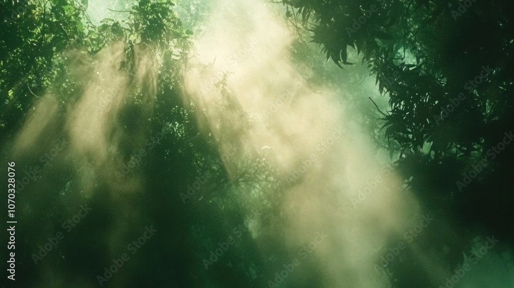 Poster sunlight rays breaking through the dense canopy of a lush green forest, creating a mystical atmosphe