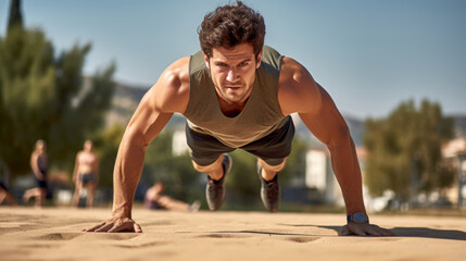 Fototapeta premium Young man in sportswear doing push-ups on the beach