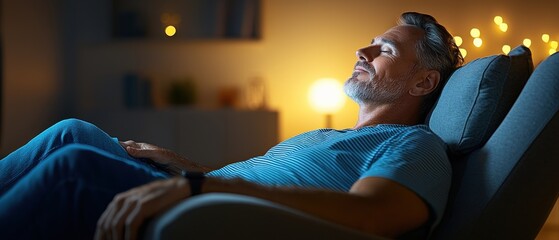 A relaxed man lounges in a cozy chair, illuminated by soft lights, enjoying a peaceful moment in a tranquil evening setting.