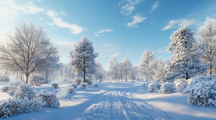 Fototapeta premium A snowy landscape with trees and a road