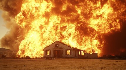 A small house is engulfed in flames with a large plume of smoke in the background.