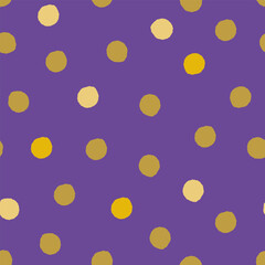 Gold polka dots seamless pattern. Small points on lilac background. Festive dotted backdrop. Minimalist Christmas ornament.