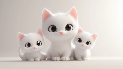 Three cute white kittens with big eyes and pink ears sitting together on a white background.