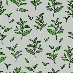Matcha tea leaves seamless pattern. Hand drawn branches and leaves on green background.