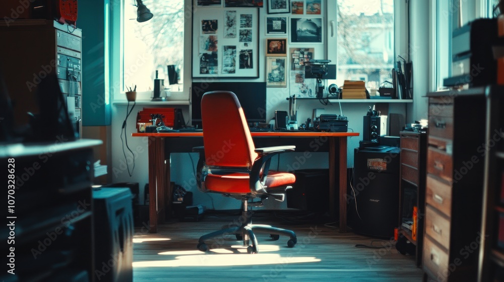 Poster a red office chair sits in front of a desk in a home office, facing a window. the desk is cluttered 