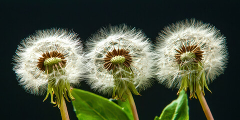 Three dandelions are shown in a close up