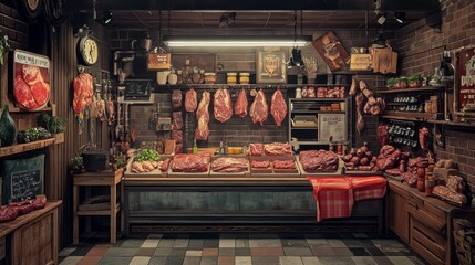 A butcher shop with a large display of meat hanging from the ceiling