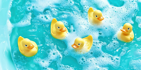 A group of rubber ducks are floating in a bathtub filled with bubbles