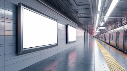 Modern subway station with blank advertising panels and train arriving. Sleek design, empty platform, and vibrant environment.