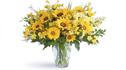 A beautiful arrangement of yellow flowers is elegantly displayed in a clear vase against a smooth white background.