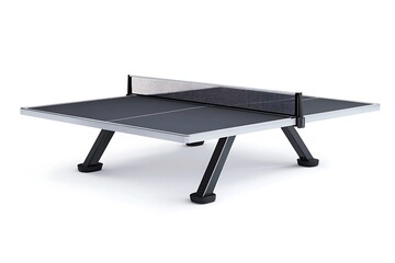 Clean ping pong table with net standing on white background, ready for playing table tennis