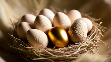 Obraz premium A nest of eggs with one golden egg in the middle