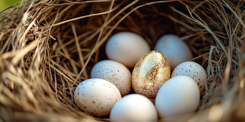 Obraz premium A nest of eggs with one golden egg in the middle