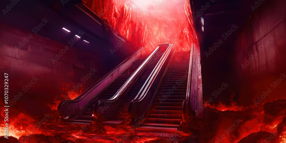 Poster a red and orange tunnel with a red escalator