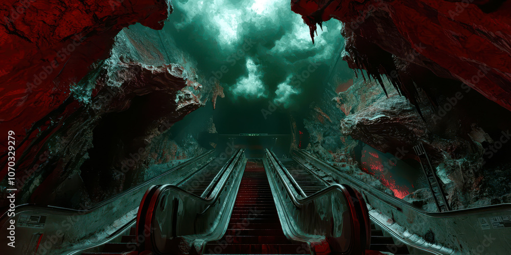 Poster a dark tunnel with red escalators