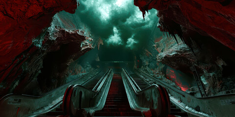A dark tunnel with red escalators