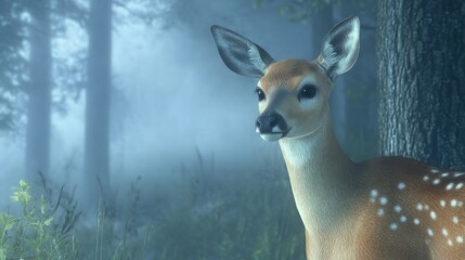 deer standing in a misty forest, soft lighting, serene mood