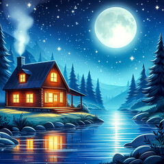 Fototapeta premium beautiful mountain landscape with house on river bank in big moon light with glowing windows