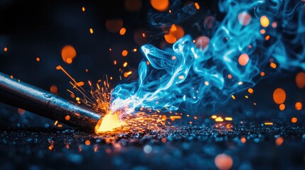 Dynamic Welding Process Captured in Close-Up, Showcasing Blue Flames, Sparks, and the Precision of Metalwork