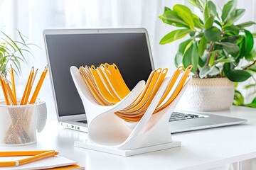 Modern Office Desk with Laptop, Pencils, and Paper.