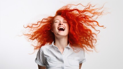 Fototapeta premium A red-haired woman throws her head back joyfully, with her curly hair radiating vitality and exuberance against a soft, neutral background.