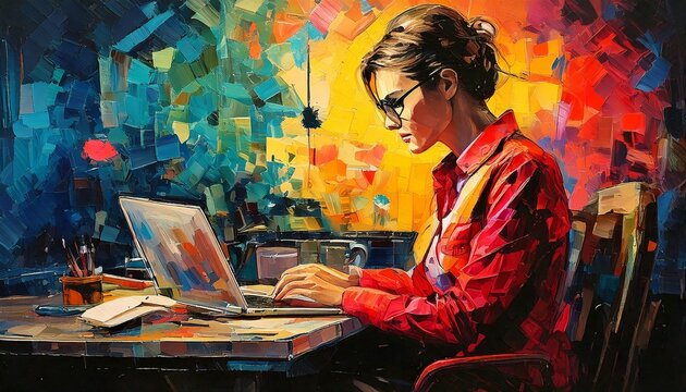 Kobieta pracująca na laptopie. Grafika, ilustracja