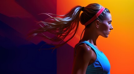 A vibrant scene shows a poised woman in athletic wear tying her hair back against a vibrant multicolor background, exuding focus and energy.