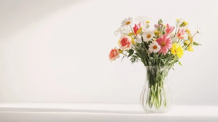 Naklejka premium A beautiful glass vase filled with freshly picked flowers stands elegantly on a smooth white background