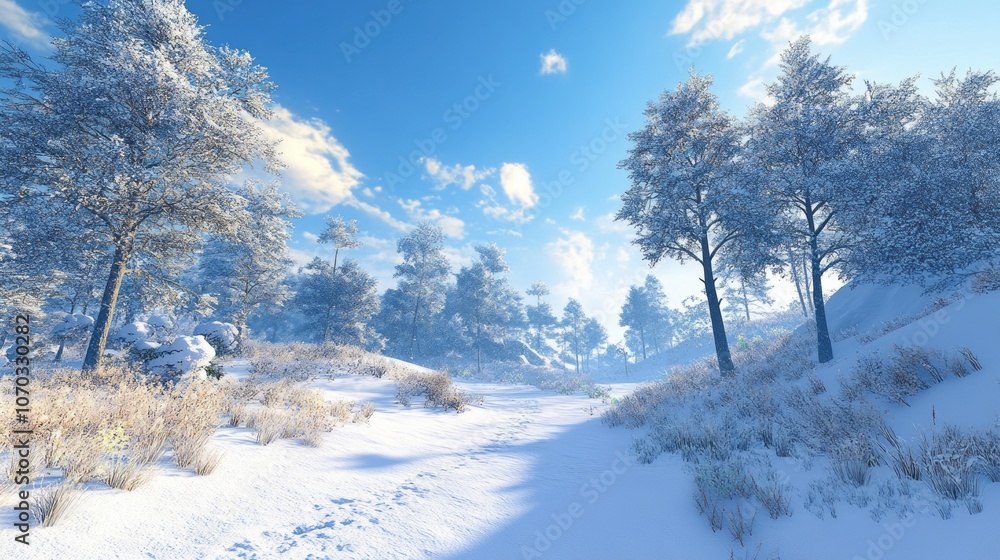 Poster a snowy landscape with trees and a path
