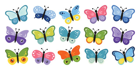 Cute butterfly collection, kids cartoon vector. Illustration isolated on white background. Color insect clipart. Baby shower design elements. Party invitation, birthday celebration. Spring, summer art