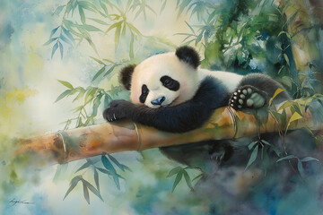 Cute Baby Panda Resting on Bamboo Branch