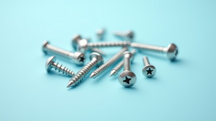 Screws and bolts for furniture repair. Scattered on a blue surface, a group of silver screws surrounds a single golden screw, highlighting contrast and detail.