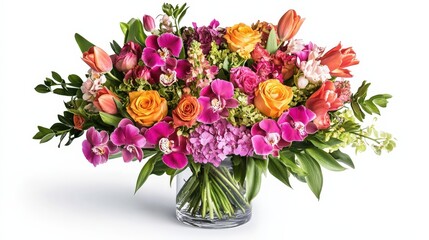 Obraz premium A beautifully arranged bouquet of flowers in a sleek vase is showcased on a pristine white background.