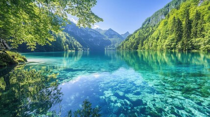 A serene lake with crystal-clear water reflecting the green trees and blue sky