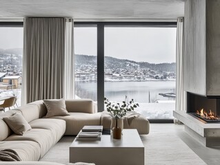 A living room with a fireplace and a large window