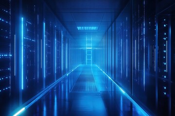  Data center corridor with neon lights and servers.
