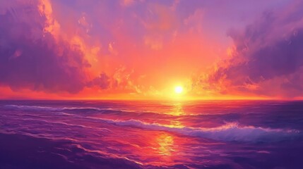 A vibrant sunset over the ocean, sky painted with shades of orange, pink