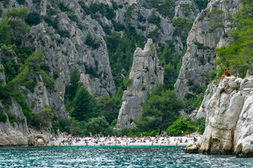 Marseille, France - June 9, 2024 : Calanque of En-Vau on the Coast of Provence, Calanques National Park seen from an excursion boat cruising, High quality 4k footage