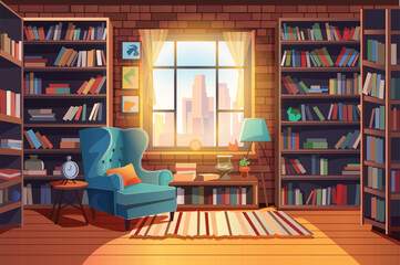 A cozy reading nook with a plush blue chair, bookshelves filled with books. Vector illustration © DesignSells