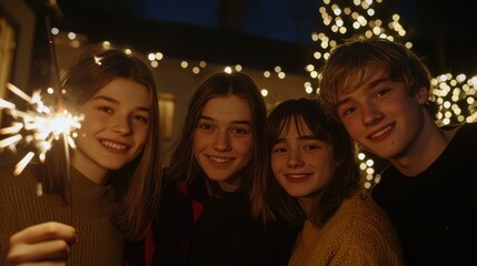 Fototapeta premium Friends celebrate together with sparklers in a festive night scene illuminated by holiday lights