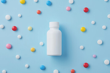 A variety of colorful pills and capsules spill out of a white bottle onto a bright blue surface