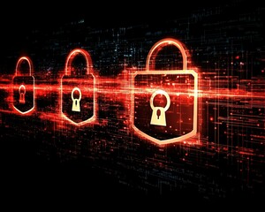 Cybersecurity concept with lock on digital circuit board.