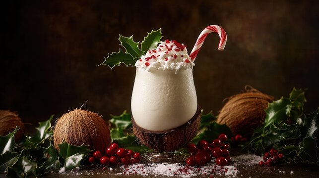 A festive coconut drink garnished with candy cane and holly leaves for a joyful holiday celebration