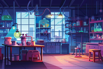 A vibrant laboratory filled with various scientific equipment and glasswareVector illustration