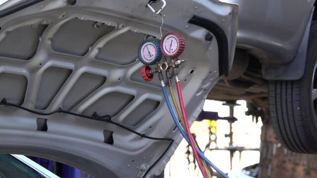 A car with its hood open and a set of car hoses attached to it. The hoses are connected to a car's cooling system