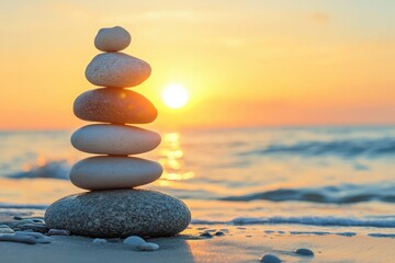Stones standing on top of each other against the backdrop of a sunset on the seashore