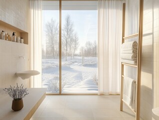 A bathroom with a window and a wooden ladder