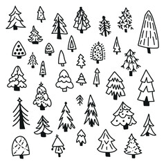 A set of hand-drawn christmas and new year trees